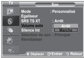 TV Son Mode : Personnalisé Egaliseur SRS TS XT : Arrêt Volume auto : Arrêt Silence Int : Marche Sélection du son : Principal Réinitialiser Déplacer Entrer Retour
