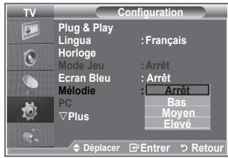 TV Configuration Plug & Play Lingua : Français Horloge Mode Jeu : Arrêt Ecran Bleu : Arrêt Mélodie : Arrêt PC Plus Bas Moyen Elevé Déplacer Enterr Retour