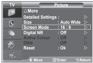TV Picture △More Detailed Settings : Size : Auto Wide ▶ Screen Mode : 16 : 9 ▶ Digital NR : Off ▶ Active Colour : Off ▶ DNle : Off ▶ Reset : Ok ▶ Move Enter Return