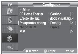TV Configurar △Mais PC Home Theater : Gering ▷ Efeito de luz :Modo visual. lig ▷ Poupança energ : Deslig. ▷ Nv.pr.HDMI : Baixa ▷ PIP ▷ Mover Enter Voltar