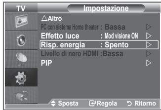 TV Impostazione Altro PC con sistema Home theater : Bassa Effetto luce : Mod visione ON Risp. energia : Spento Livello di nero HDMI :Bassa PIP Sposta Regola Ritorno