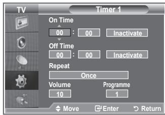 Timer 1 On Time 00 : 00 Inactivate Off Time 00 : 00 Inactivate Repeat Once Volume Programme 10 1 Move Enter Return