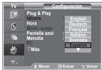 TV Configuración Plug & Play Idioma Hora Modo Juego Pantalla azul Melodia PC Más English Deutsch Français Italiano Svenska Español Mover Entrar Volver