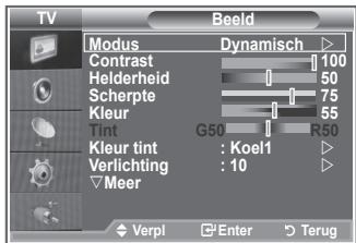 TV Modus Contrast Helderheid Scherpte Kleur Tint Kleur tint : Koel1 Verlichting : 10 Meer Dynamisch 100 50 75 55 G50 R50 Verpi Enter Terug