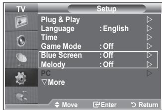 TV Setup Plug & Play Language : English Time Game Mode : Off Blue Screen : Off Melody : Off PC More Move Enter Return