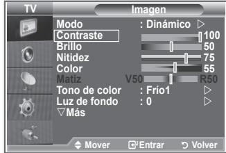 TV Imagen Modo : Dinámico Contraste 100 Brillo 50 Nitidez 75 Color 55 Matuz V50 R50 Tono de color : Frío1 Luz de fondo : 0 Más Mover Enrar Volver