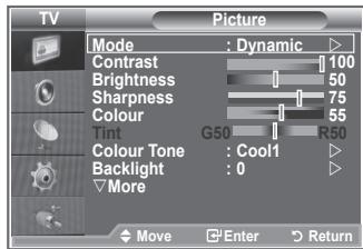 TV Picture Mode : Dynamic Contrast 100 Brightness 50 Sharpness 75 Colour 55 Tint G50 R50 Colour Tone : Cool1 Backlight : 0 More Move Enter Return