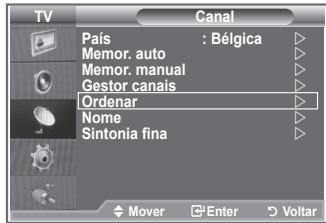 TV Canal País : Bélgica Memor. auto Memor. manual Gestor canais Ordenar Nome Sintonia fina Mover Enter Voltar