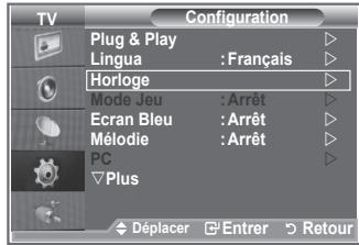 TV Configuration Plug & Play Lingua : Français Horloge Mode Jeu : Arrêt Ecran Bleu : Arrêt Mélodie : Arrêt PC Plus Déplacer Entrer Retour