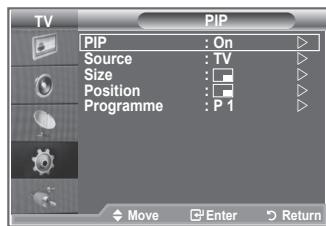 TV PIP PIP : On Source : TV Size : □ Position : □ Programme : P 1 Move Enter Return