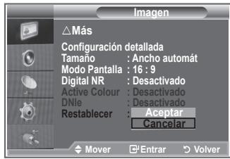 Imagen △Más Configuración detallada Tamaño : Ancho automat Modo Pantalla : 16 : 9 Digital NR : Desactivado Active Colour : Desactivado DNle : Desactivado Restablecer : Aceptar Cancelar Mover Enrar Volver