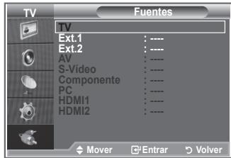 TV Fuentes TV Ext.1 Ext.2 AV S-Video Componente PC HDMI1 HDMI2 Mover Entrar Volver