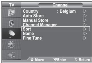 TV Channel Country : Belgium Auto Store Manual Store Channel Manager Sort Name Fine Tune Move Enter Return
