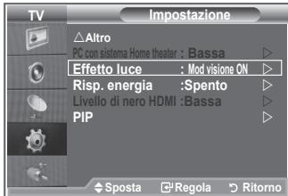 TV Impostazione Altro PC con sistema Home theater : Bassa Effetto luce : Mod visione ON Risp. energia :Spento Livello di nero HDMI :Bassa PIP Sposta Regola Ritorno