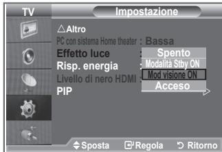 TV Impostazione Altro PC con sistema Home theater : Bassa Effetto luce : Spento Risp. energia : Modilità Styb ON Livello di nero HDMI : Mod visione ON PIP : Acceso Sposta Regola Ritorno