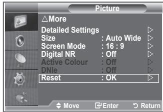 Picture △More Detailed Settings Size : Auto Wide Screen Mode : 16 : 9 Digital NR : Off Active Colour : Off DNio : Off Reset : OK Move Enter Return
