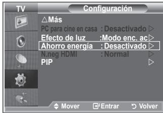TV Más PC para cine en casa : Desactivado Efecto de luz :Modo enc. ac Ahorro energía : Desactivado N.neg HDMI : Normal PIP Mover Entrar Volver