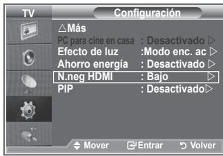 TV Configuración △Más PC para cine en casa : Desactivado ▶ Efecto de luz :Modo enc. ac ▶ Ahorro energía : Desactivado ▶ N.neg HDMI : Bajo ▶ PIP : Desactivado ▶ Mover Entrar Volver