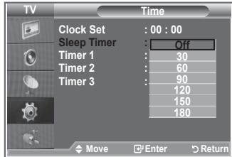 TV Clock Set : 00 : 00 Sleep Timer : Off Timer 1 : 30 Timer 2 : 60 Timer 3 : 90 120 150 180 Move Enter Return