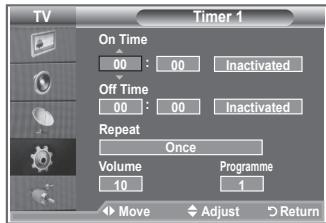 TV Timer 1 On Time 00 : 00 Inactivated Off Time 00 : 00 Inactivated Repeat Once Volume 10 Programme 1 Move Adjust Return