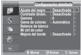 Configuración detallada Ajuste del negro : Desactivado ▶ Contraste dinám. : Desactivado ▶ Gamma : 0 ▶ Gama de colores : Automático ▶ Balance de blanco ▶ Mi ctrl de color ▶ Mejora del borde : Desactivado ▶ Mover ▶ Entrar ▶ Volver
