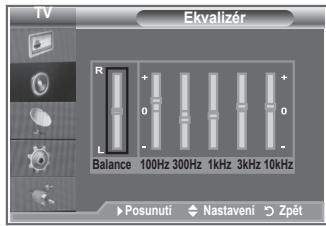 TV Ekvalizer R + 0 - L Balance 100Hz 300Hz 1kHz 3kHz 10kHz Posunuti Nastaveni Zpět