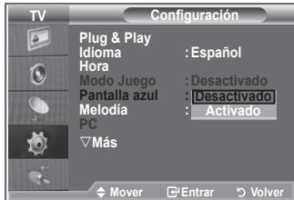 TV Configuración Plug & Play Idioma : Español Hora Modo Juego : Desactivado Pantalla azul : Desactivado Melodia : Activado PC ▽Más ◆ Mover □Entrar ▶ Volver