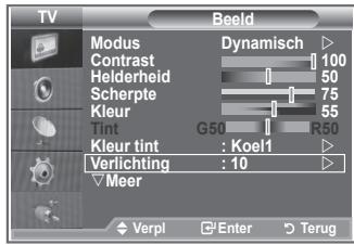 TV Modus Contrast Helderheid Scherpte Kleur Tint Kleur tint Verlichting : 10 Meer Dynamisch 100 50 75 55 G50 R50 : Koel1 Verpl Enter Terug