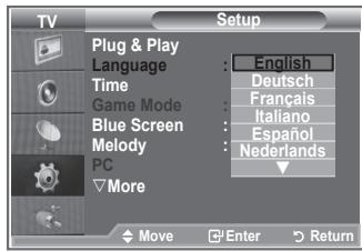 TV Setup Plug & Play Language Time Game Mode Blue Screen Melody PC More English Deutsch Français Italiano Español Nederlands Move Enter Return