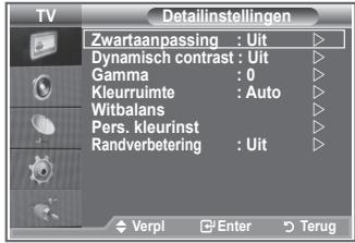 TV Detailinstellingen Zwartaanpassing : Uit Dynamisch contrast : Uit Gamma : 0 Kleurruimte : Auto Witbalans Pers. kleurinst Randverbetering : Uit Verpi Enter Terug
