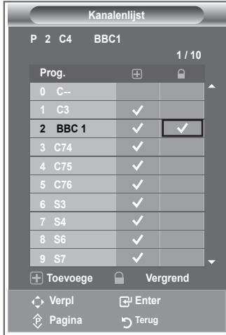 Kanalenlijst P 2 C4 BBC1 1 / 10 Prog. 0 C-- 1 C3 ✓ 2 BBC 1 ✓ ✓ 3 C74 ✓ 4 C75 ✓ 5 C76 ✓ 6 S3 ✓ 7 S4 ✓ 8 S6 ✓ 9 S7 ✓ + Toevoege Vergrend ✓ Verpl Enter ✓ Pagina Terug