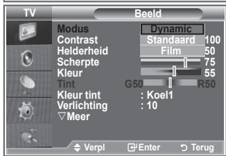 TV Modus Contrast Helderheid Scherpte Kleur Tint Kleur tint : Koel1 Verlichting : 10 Meer Dynamic Standaard 100 Film 50 75 55 G50 R50 Verpl Enter Terug