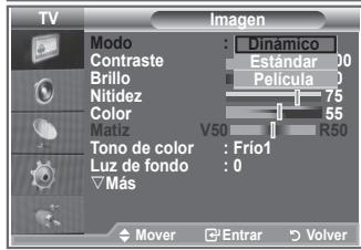 TV Imagen Modo : Dinámico Contraste : Estándar 00 Brillo : Película 0 Nitidez : 75 Color : 55 Matiz : V50 R50 Tono de color : Frío1 Luz de fondo : 0 Más Mover Entrar Volver