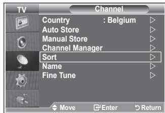 TV Channel Country : Belgium Auto Store Manual Store Channel Manager Sort Name Fine Tune Move Enter Return