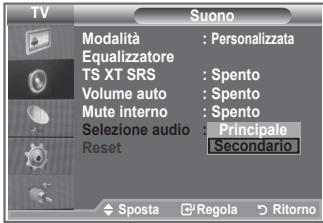 TV Modalità : Personalizzata Equalizzatore TS XT SRS : Spento Volume auto : Spento Mute interno : Spento Selezione audio : Principale Reset : Secondario ◆ Sposta ▼ Regola ▶ Ritorno