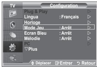 Configuration Plug & Play Lingua : Français Horloge Mode Jeu : Arrêt Ecran Bleu : Arrêt Mélodie : Arrêt PC Plus Déplacer Enterr Retour