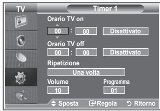 Timer 1 Orario TV on 00 : 00 Disattivato Orario TV off 00 : 00 Disattivato Ripetizione Una volta Volume Programma 10 01 ◆ Sposta Regola Ritorno