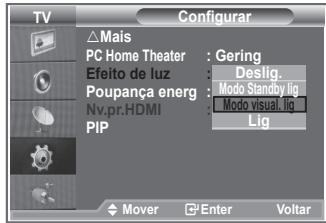 TV △Mais PC Home Theater : Gering Efeito de luz Poupança energ : Nv.pr.HDMI PIP Deslig. Modo Standby lig Modo visual. lig Lig Mover Enter Voltar