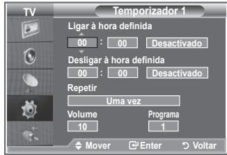 Temporizador 1 Ligar à hora definida 00 : 00 Desactivado Desligar à hora definida 00 : 00 Desactivado Repetir Uma vez Volume Programa 10 1 Mover Enter Voltar