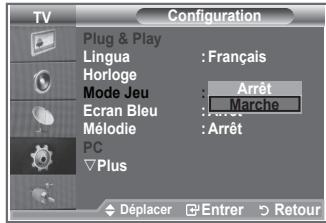 TV Configuration Plug & Play Lingua : Français Horloge Mode Jeu : Arrêt Ecran Bleu : Marche Mélodie : Arrêt PC Plus Déplacer Enterr Retour