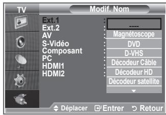 TV Modif. Nom Ext.1 Ext.2 AV S-Video Composant PC HDMI1 HDMI2 : Magnétoscope DVD D-VHS Décodeur Câble Décodeur HD Décodeur satellite Déplacer Entrer Retour