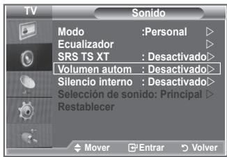 TV Sono Modo : Personal Ecualizador SRS TS XT : Desactivado> Volumen autom : Desactivado> Silencio interno : Desactivado> Selección de sonido: Principal Restablecer Mover Enrar Volver