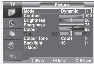 TV Picture Mode : Dynamic Contrast 100 Brightness 50 Sharpness 75 Colour 55 Tint G50 R50 Colour Tone : Cool1 Backlight : 10 More Move Enter Return