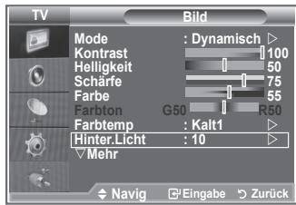 TV Mode : Dynamisch ▶ Kontrast 100 Helligkeit 50 Scharfe 75 Farbe 55 Farbton G50 R50 Farbtemp : Kalt1 ▶ Hinter.Licht : 10 ▶ Mehr Navig Eingabe Zurück