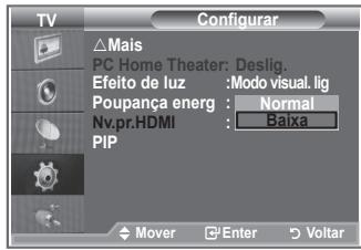 TV Configurar △Mais PC Home Theater: Deslig. Efeito de luz :Modo Visual. lig Poupanca energ : Normal Nv.pr.HDMI : Baixa PIP Mover Enter Voltar