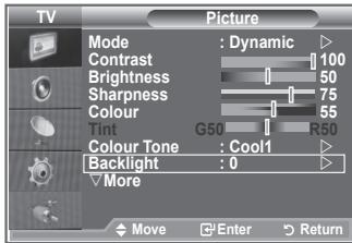 TV Picture Mode : Dynamic Contrast 100 Brightness 50 Sharpness 75 Colour 55 Tint G50 R50 Colour Tone : Cool1 Backlight : 0 More Move Enter Return