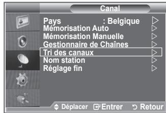 Canal Pays : Belgique Mémorisation Auto Mémorisation Manuelle Gestionnaire de Chaines Tri des canaux Nom station Réglage fin Déplacer Entrer Retour