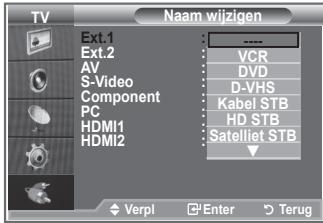 TV Naam wijzigen Ext.1 Ext.2 AV S-Video Component PC HDMI1 HDMI2 VCR DVD D-VHS Kabel STB HD STB Satelliet STB Verpl Enter Terug