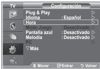 TV Configuración Plug & Play Idioma : Español Hora Modo Juego : Desactivado Pantalla azul : Desactivado Melodia : Desactivado PC ▼Más Mover □Entrar ▶Volver