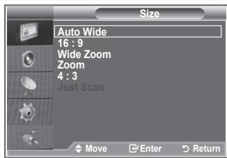 Size Auto Wide 16 : 9 Wide Zoom Zoom 4 : 3 Just Scan Move Enter Return